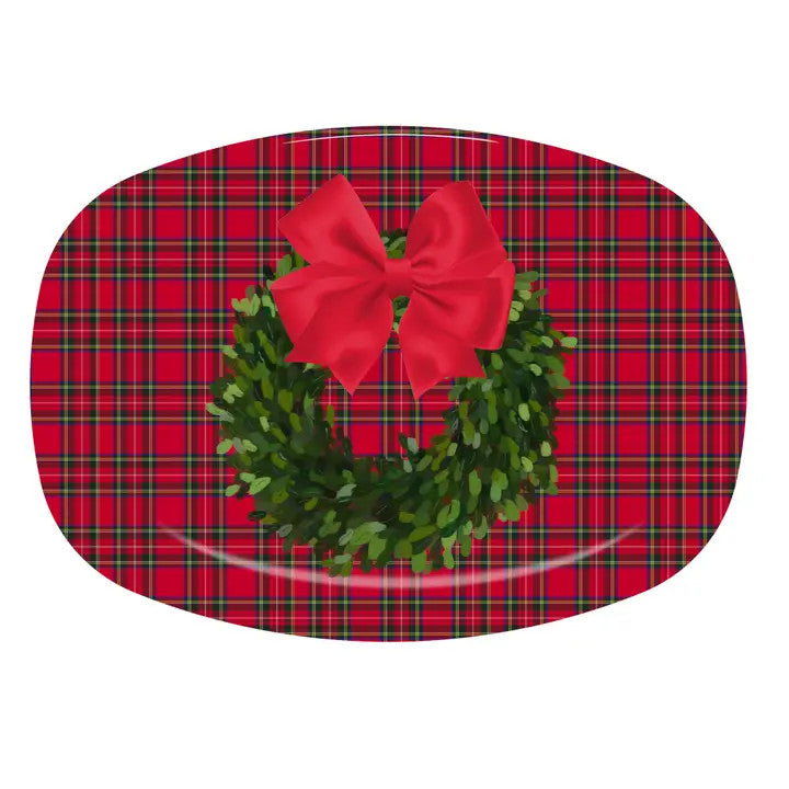 Platter - Red Tartan Plaid Christmas Boxwood Wreath