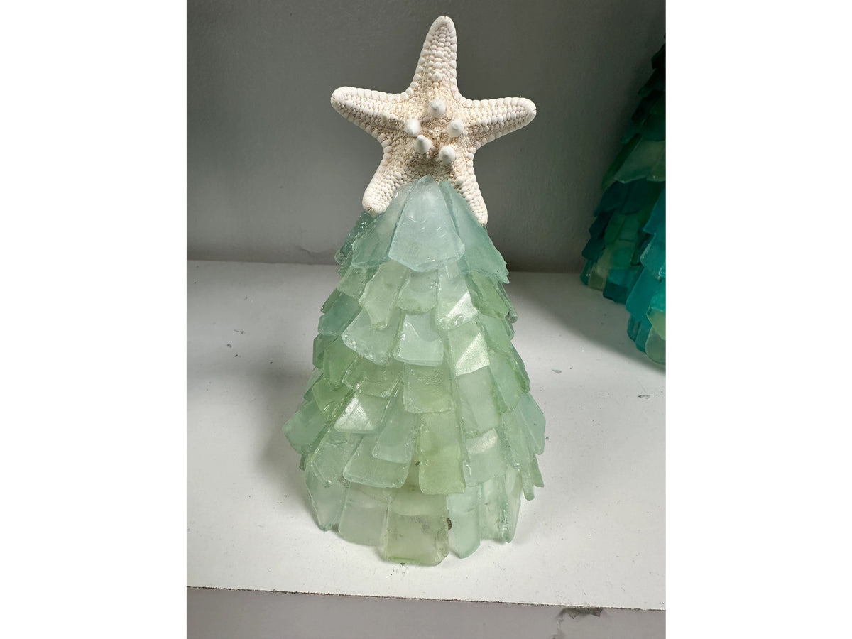 6 Inch Seaglass Christmas Tree Real Starfish with lights (White)