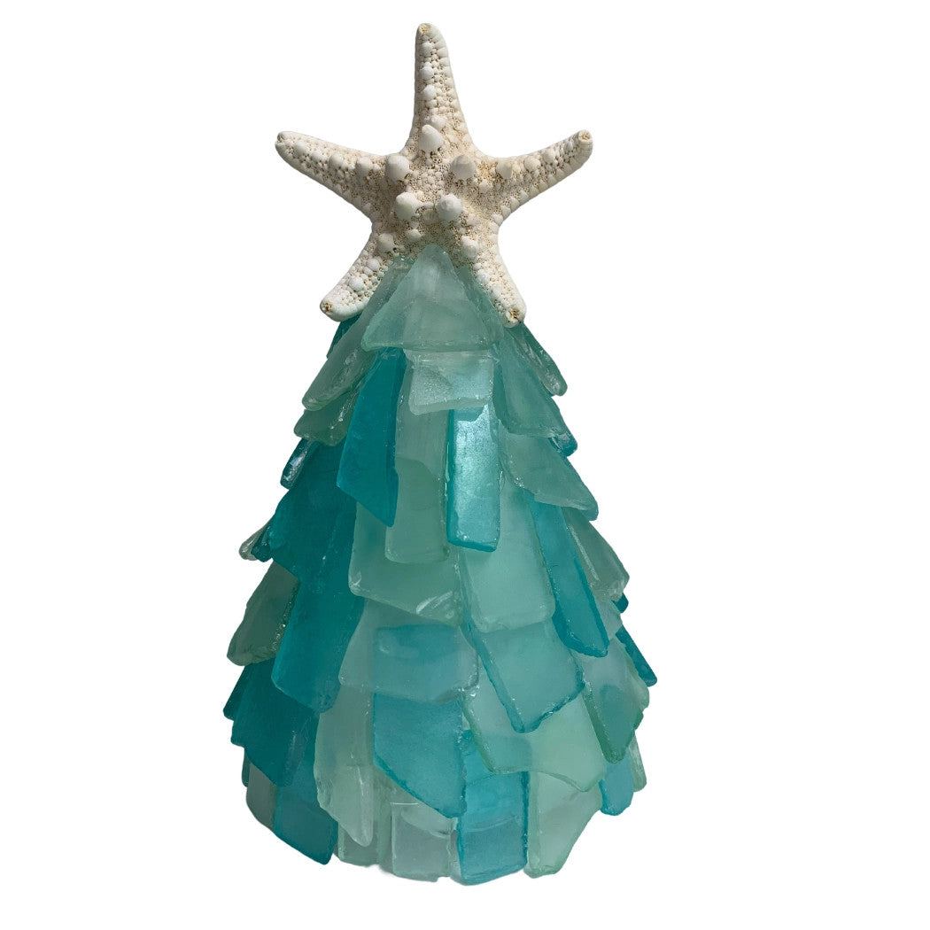 6 Inch Seaglass Christmas Tree Real Starfish with lights (Ocean w/ Cobalt)