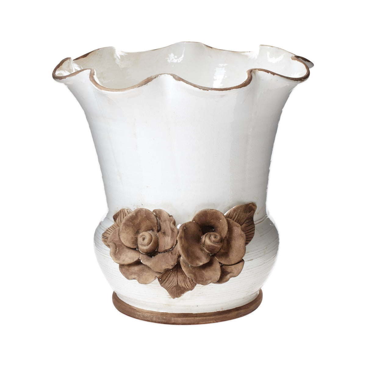 Rustic Garden White Scalloped Planter w/ Flowers