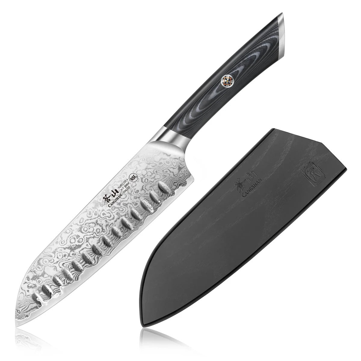 KURO 7-inch Santoku Knife with Sheath, High Carbon X-7 Damascus Steel