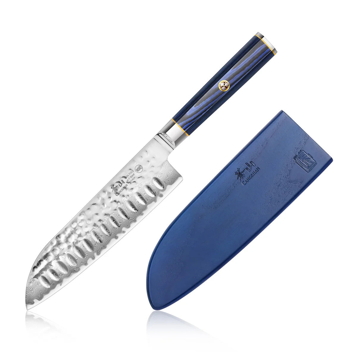 KITA Santoku Knife with Sheath, High Carbon X-7 Damascus Steel BLUE