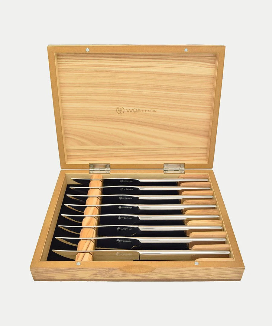 8-Piece Stainless Mignon Steak Knife Set in Olivewood Case