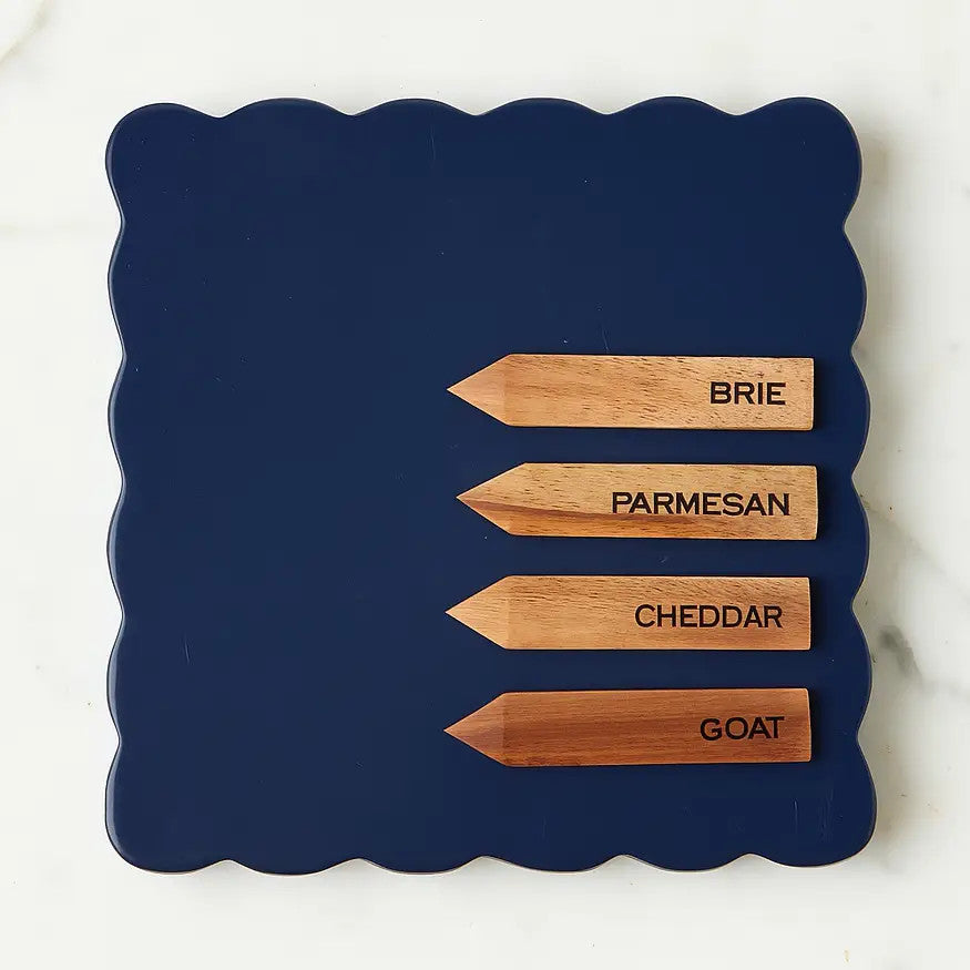 Square Scalloped Board with Cheese Markers, Small, Navy