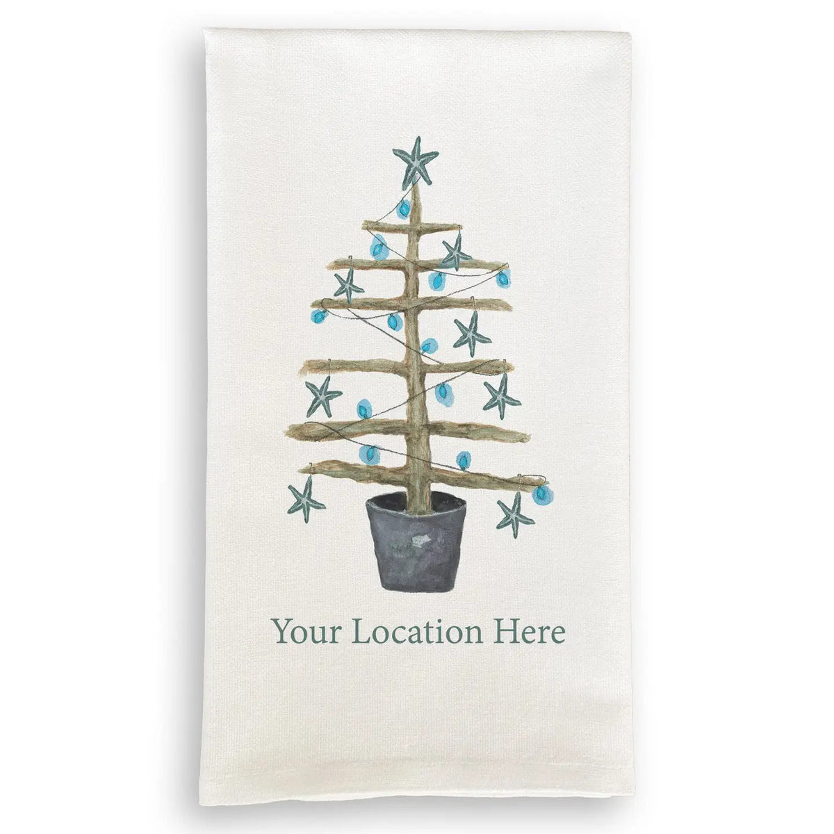 Driftwood Tree with Blue Starfish and Location