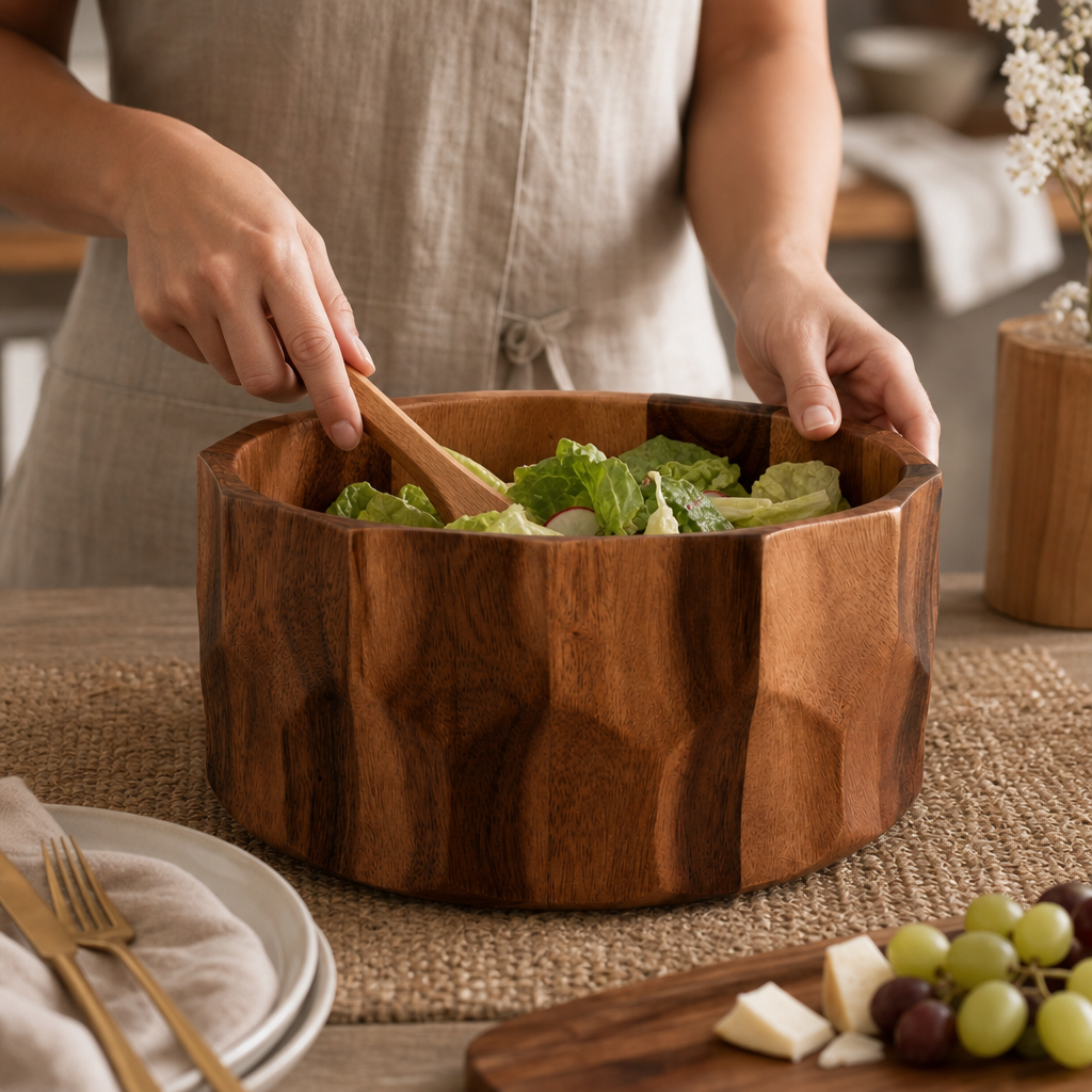 Diamond Pattern Large Acacia Wood Salad Bowl