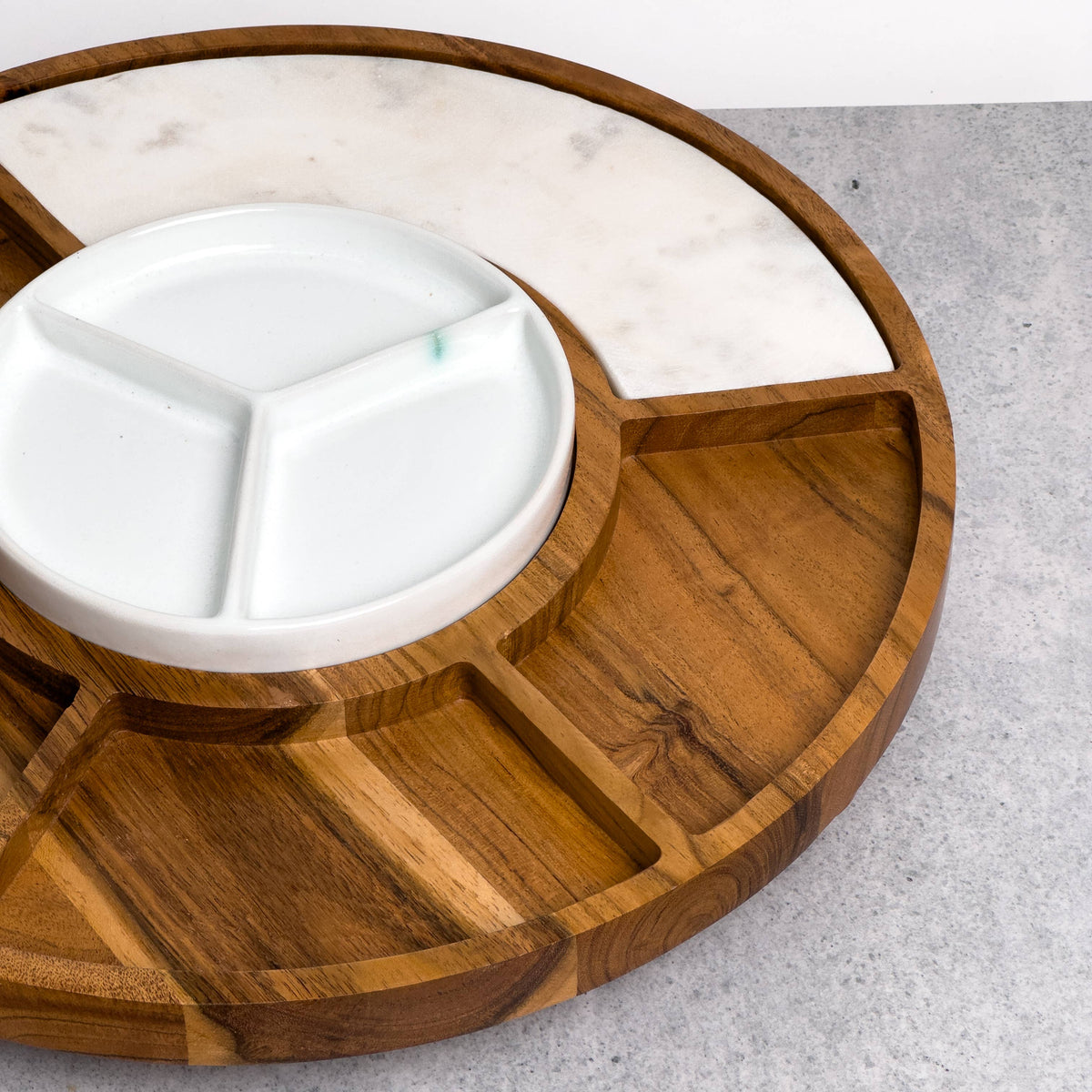 Sectioned serving tray with Wood, Ceramic, & Marble