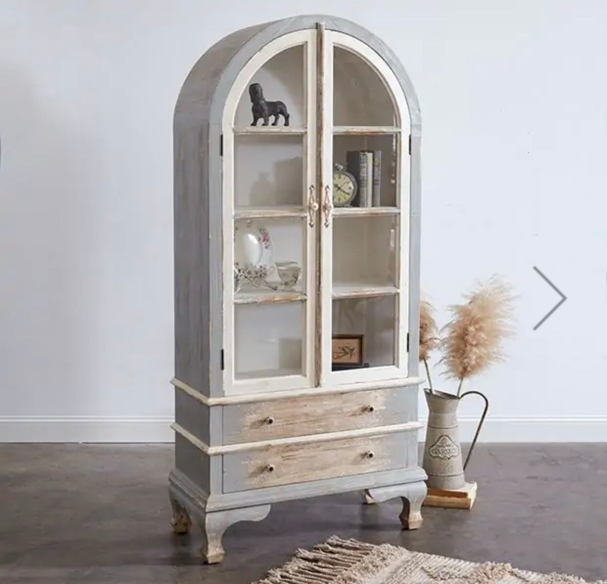 Distressed Arched Glass Display Cabinet