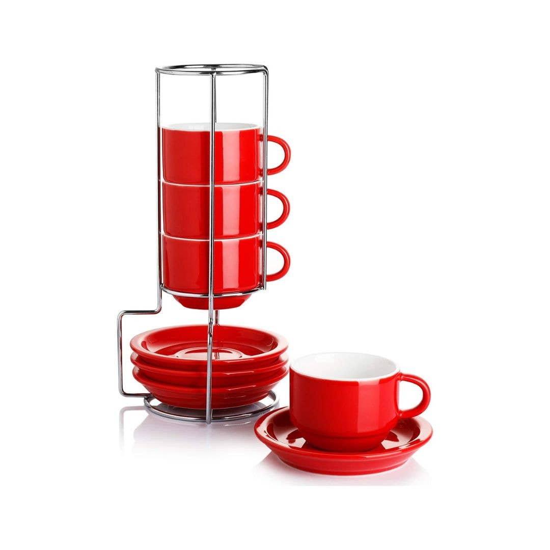 2.5 Ounce Porcelain Espresso Cups with Saucers and Stand