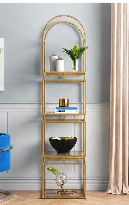 Gold Arched 4-Tier Glass Étagère Bookcase