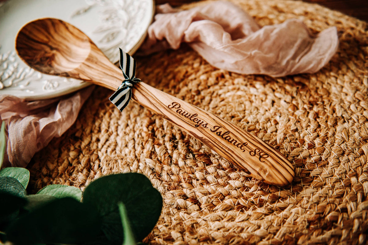 Custom City Name Olive Wood Serving Spoon & Towel Gift Set