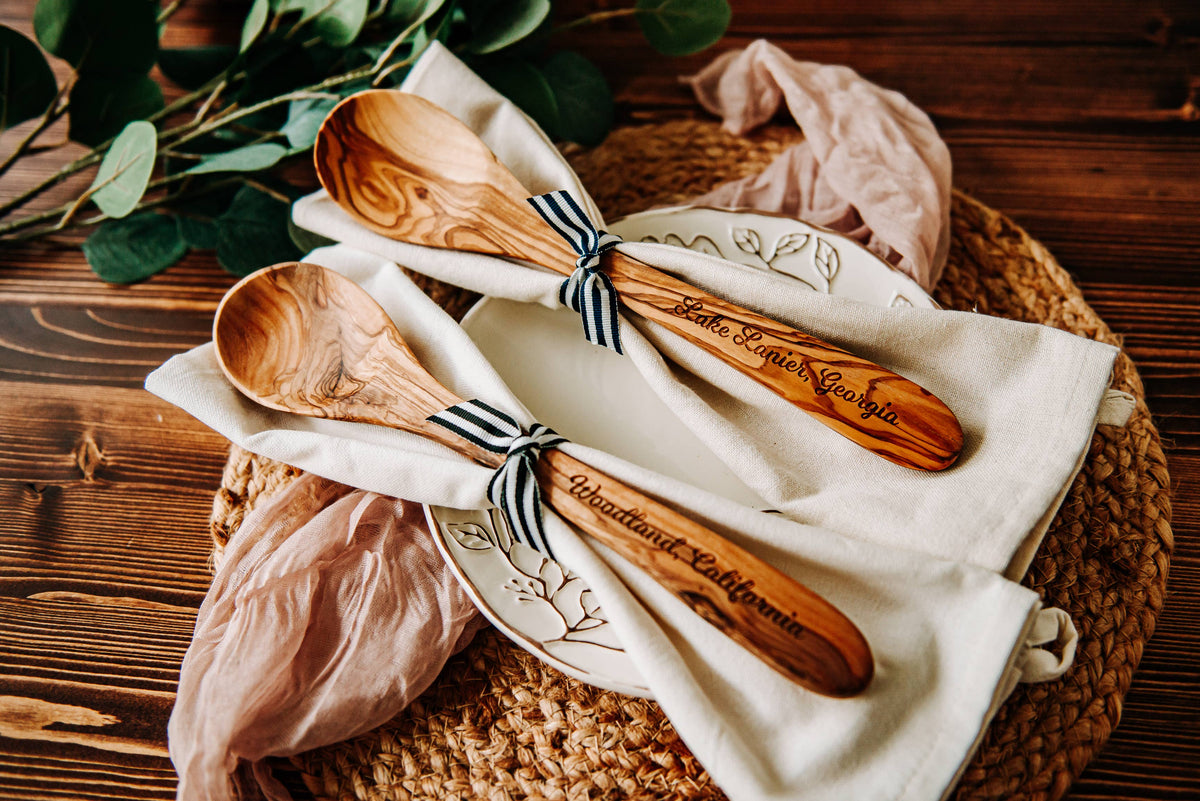 Custom City Name Olive Wood Serving Spoon & Towel Gift Set