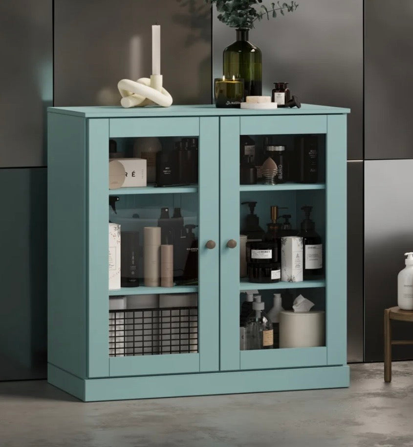 Solid Wood Glass Door Storage Cabinet – Aqua Blue