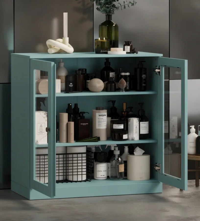 Solid Wood Glass Door Storage Cabinet – Aqua Blue