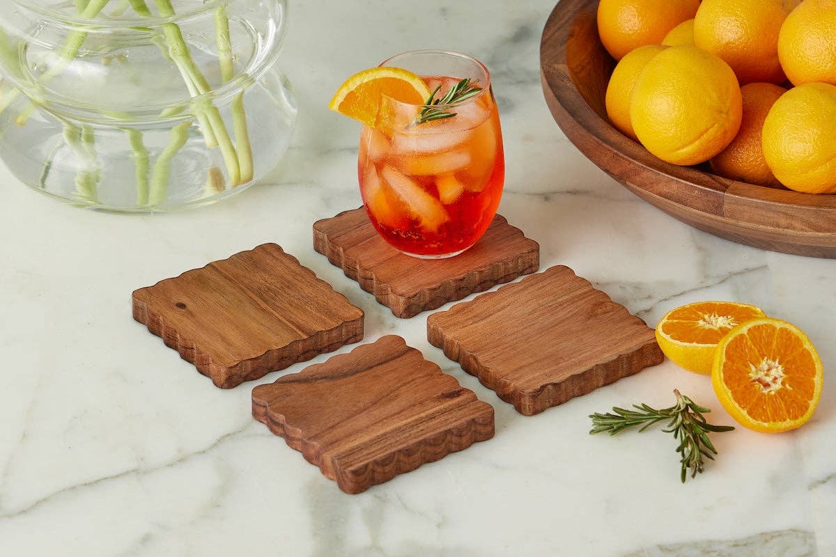 Scalloped Wood Coasters, Square, Natural, Set of 4