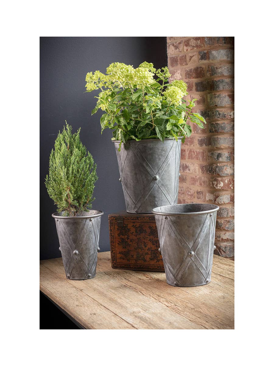 Set Of 3 Antiqued Round Drum Planters