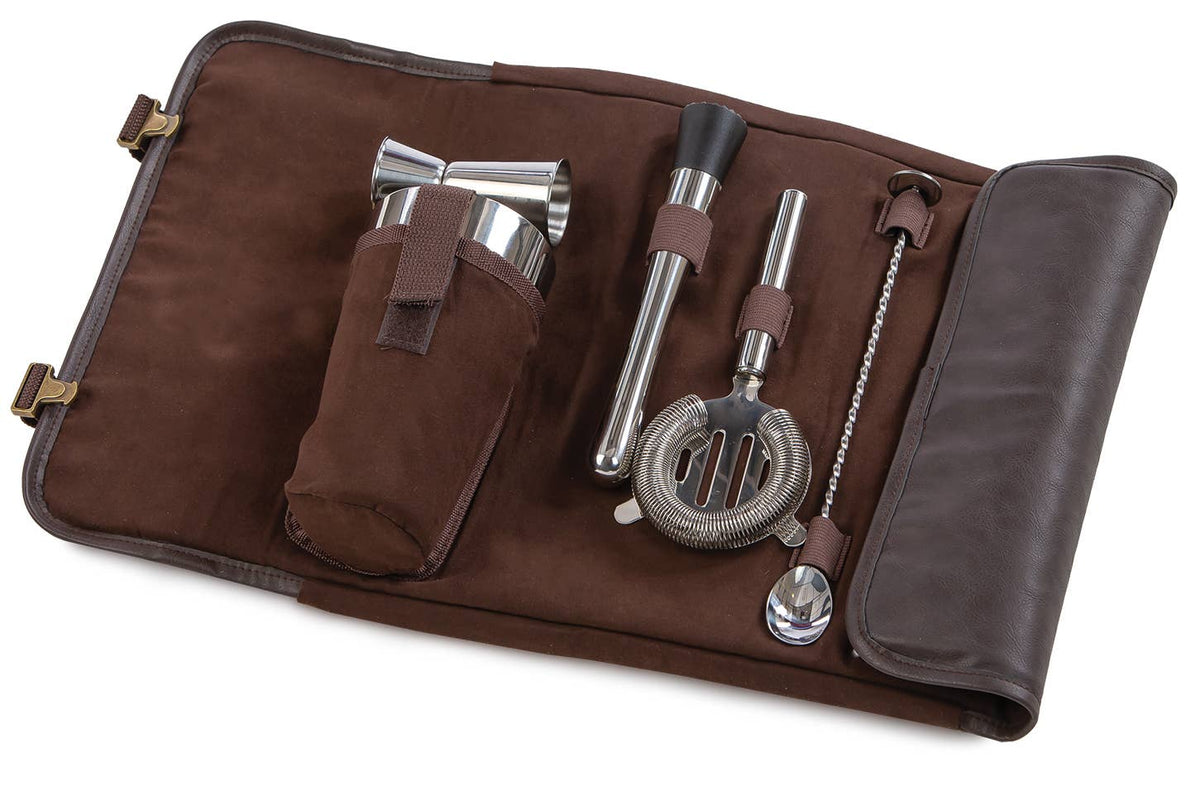 Cocktail Travel Bar Bag Roll Up Kit with 6 Essential Tools!