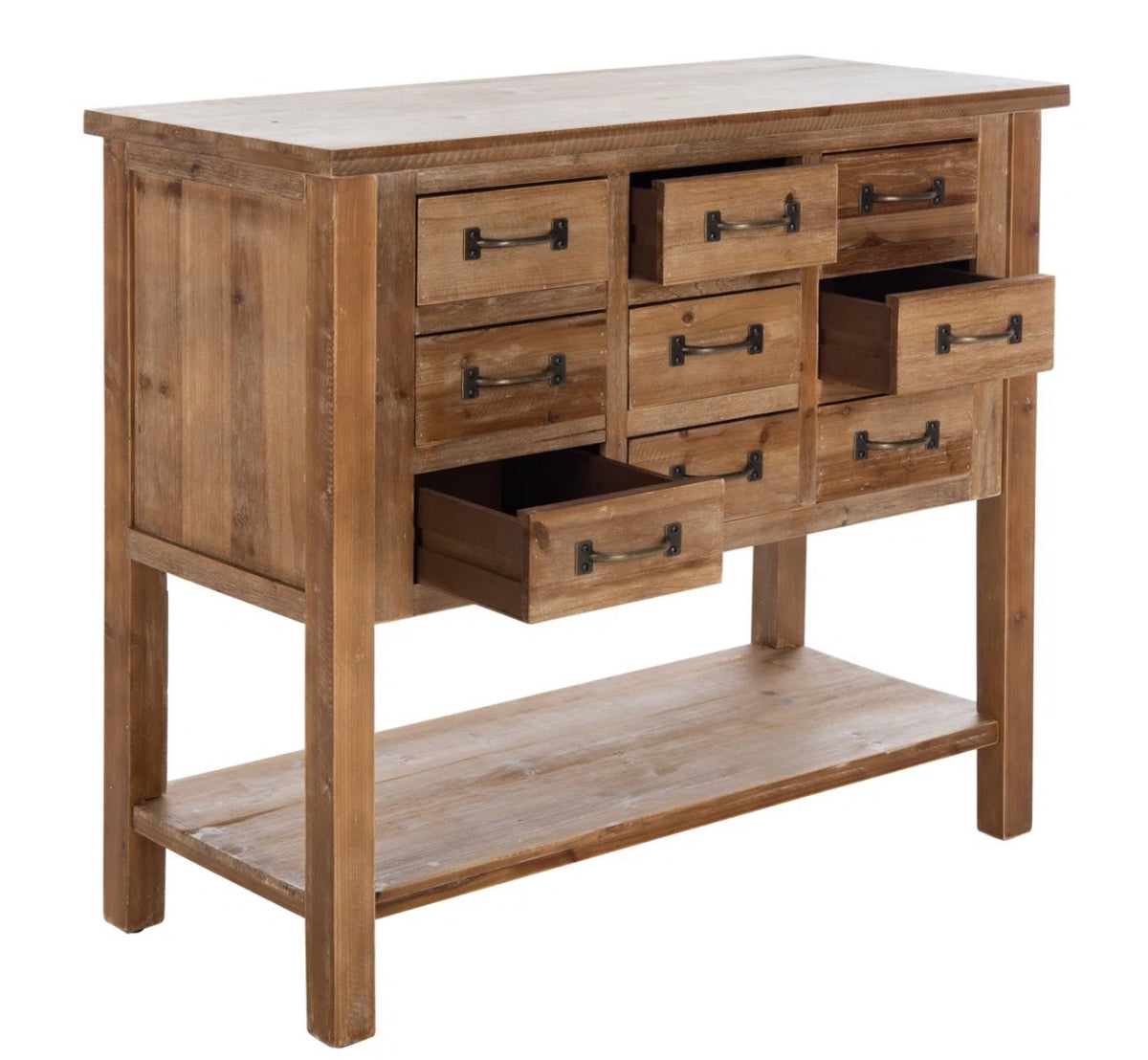 9-Drawer Oak Console Table with Open Shelf