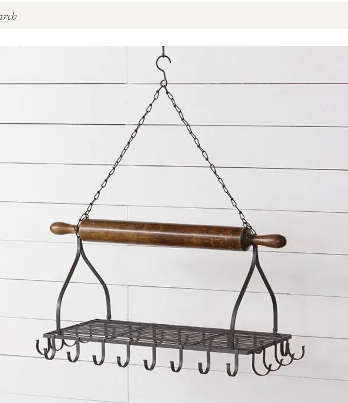 Vintage Style Hanging Rolling Pin Pot Rack | Farmhouse Iron & Wood by Parkhill Collection
