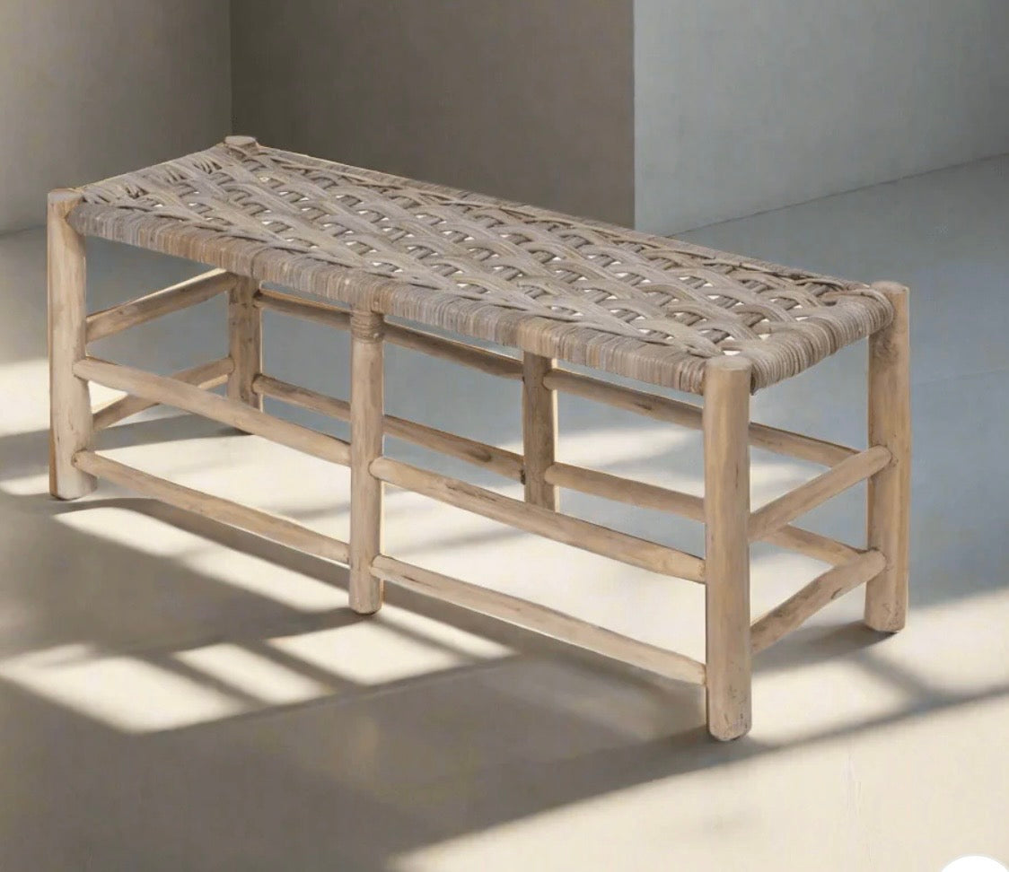 Teak & Rattan Woven Bench