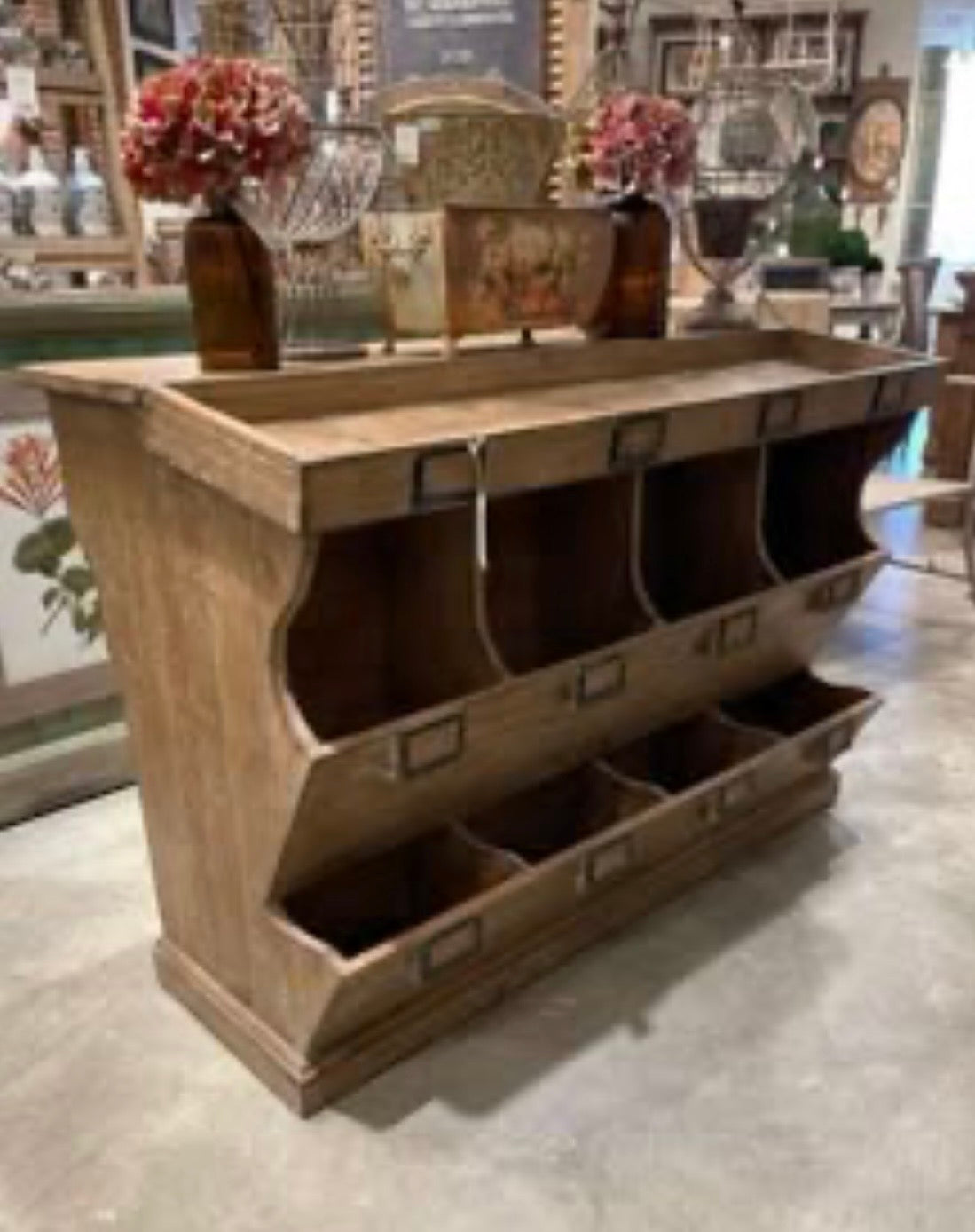 Rustic Farmhouse 8-Bin Wooden Display Counter | Reclaimed Wood Storage Cabinet