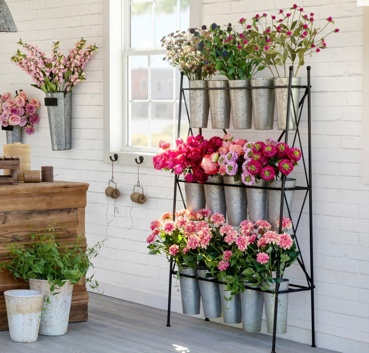 Vintage-Inspired 15-Bucket Galvanized Flower Stem Display Rack | Farmhouse Floral Stand by Parkhill Collection