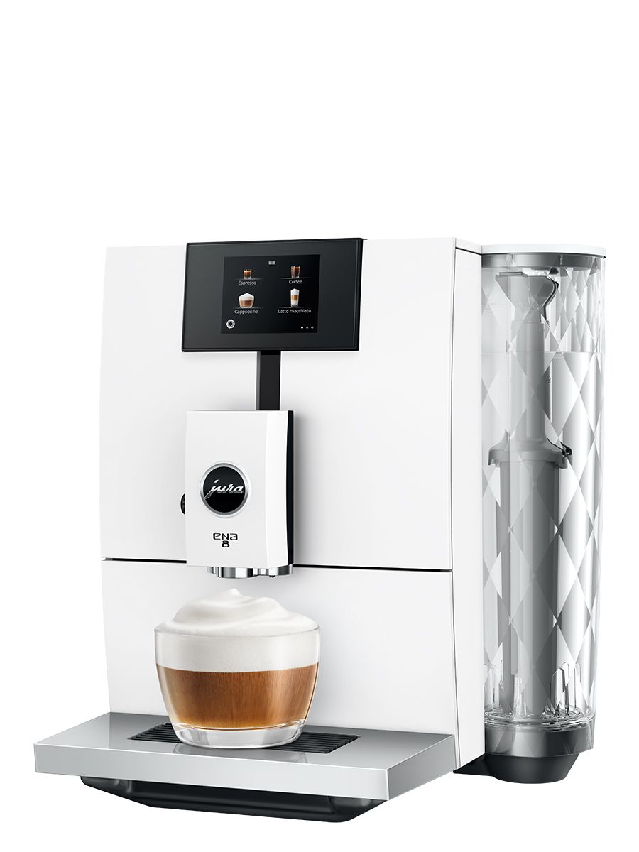 Third quarter angled view ENA 8 Full Nordic White showing touchscreen display panel, clear water tank and dispensing a cappuccino into a clear glass
