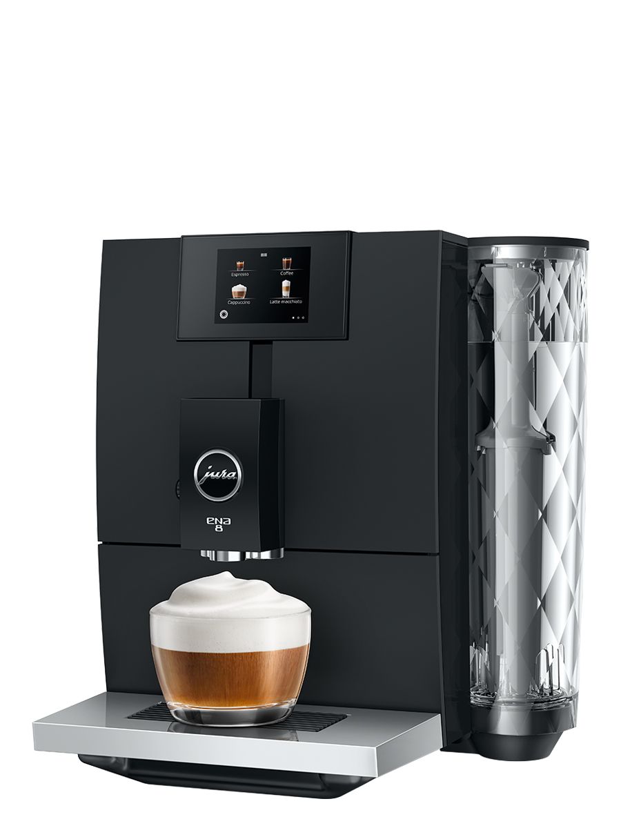 Angled view of Jura ENA 8 Full Metropolitan Black showing the touchscreen interface and sleek machine design dispensing cappuccino