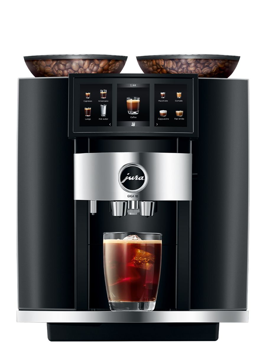 Front view of GIGA 10 including touchscreen display, coffee spouts, drip tray, with a cold brew coffee in a glass cup