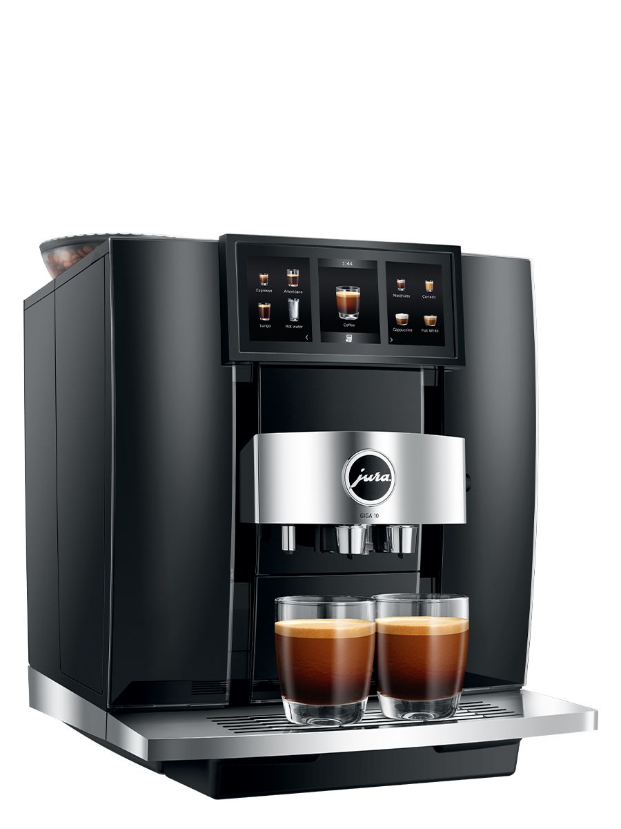Left side view of the GIGA 10 featuring water tank, touchscreen, coffee sports, with two espressos brewed at once in glass cups