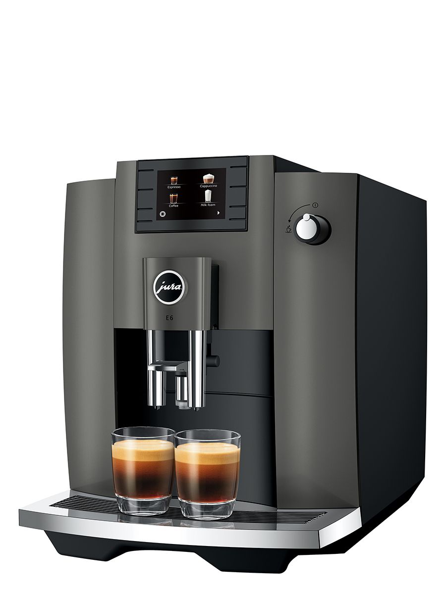 Right side view of Jura E6 Dark Inox NAC dispensing two espressos simultaneously into two glass cups.