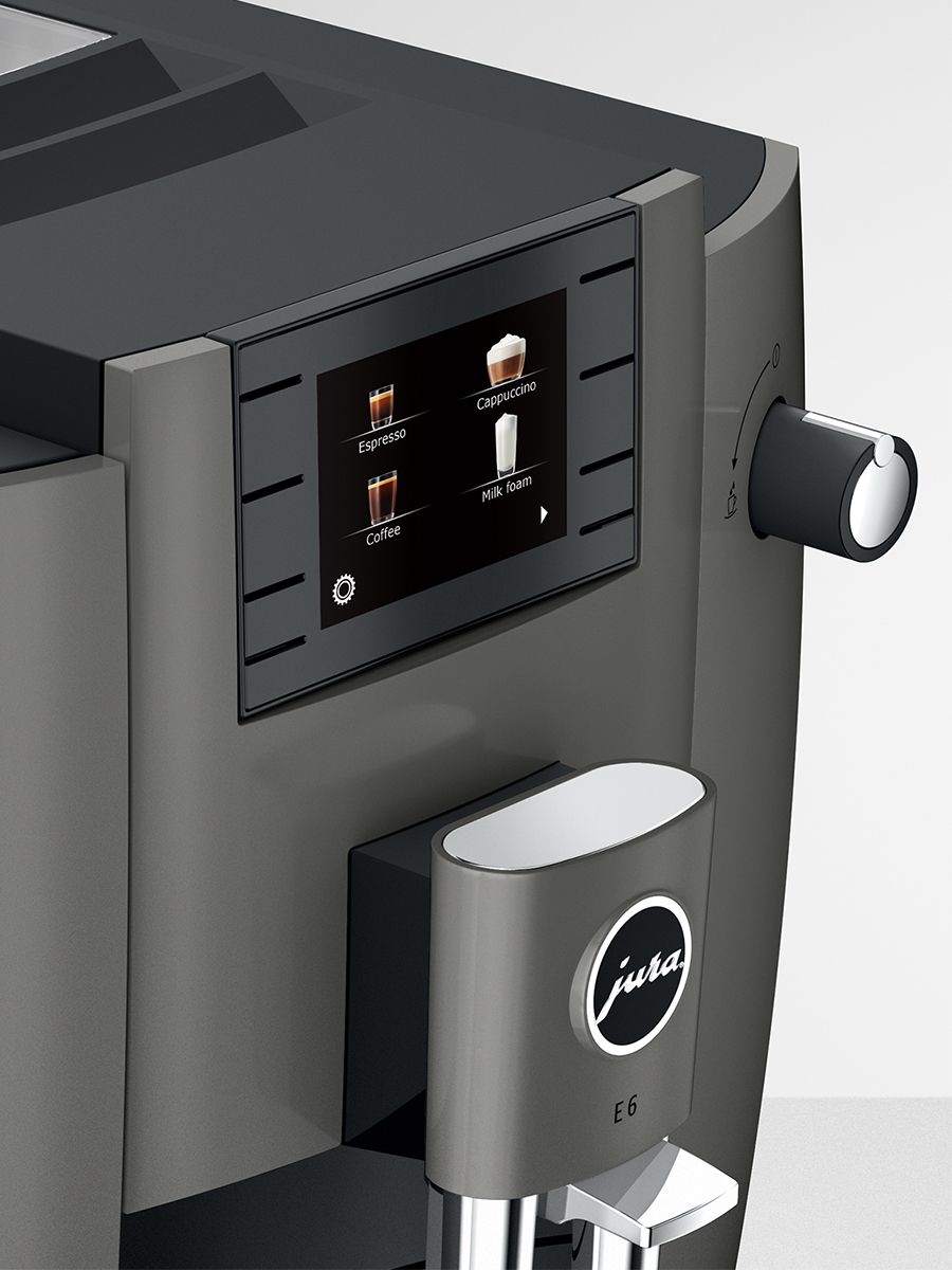 Close up of E6 Dark Inox color display and rotary switch from left side