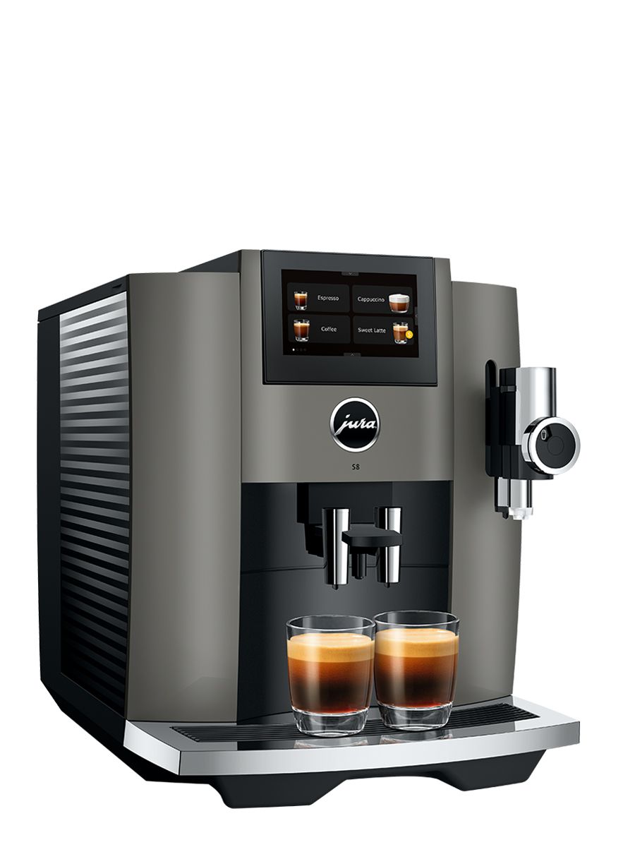 Left side view of the S8 Dark inox featuring water tank, touchscreen, coffee sports, with two espressos brewed at once in glass cups