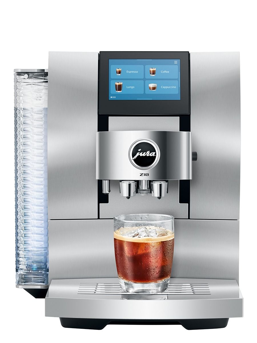 JURA Z10 Aluminum White coffee machine preparing iced coffee in a glass