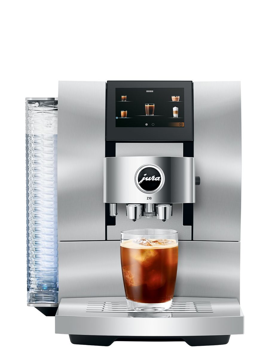 Front view of Z10 Aluminum White including touchscreen display, coffee spouts, drip tray, with a cold brew coffee in a glass cup