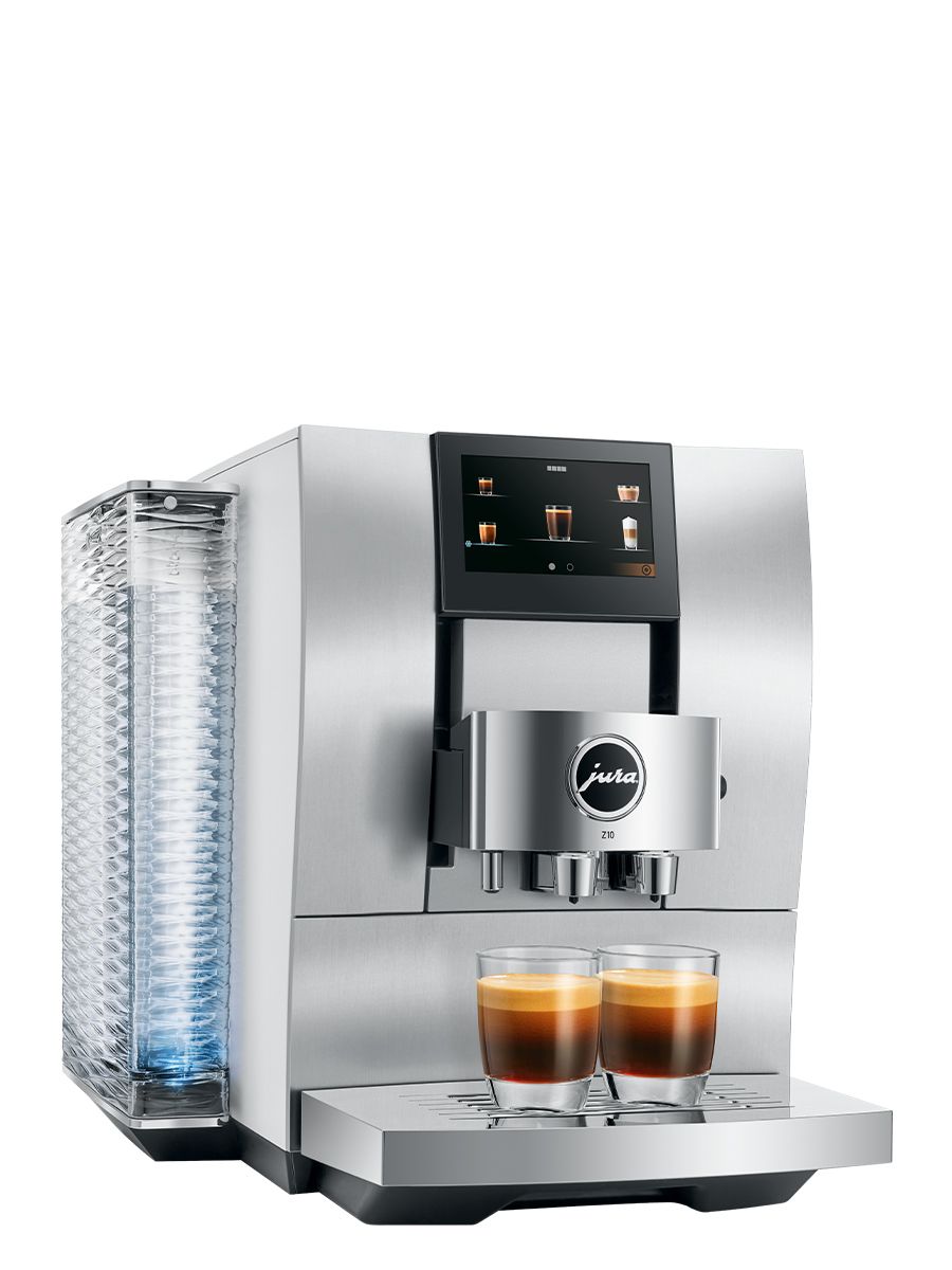 Left side view of the Z10 Aluminum White featuring water tank, touchscreen, coffee sports, with two espressos brewed at once in glass cups
