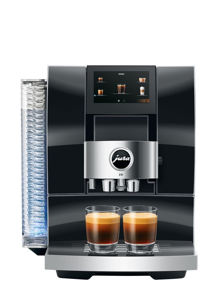 Front view of Z10 Diamond Black including touchscreen display, coffee spouts, drip tray, with a double espressos in two glass cups