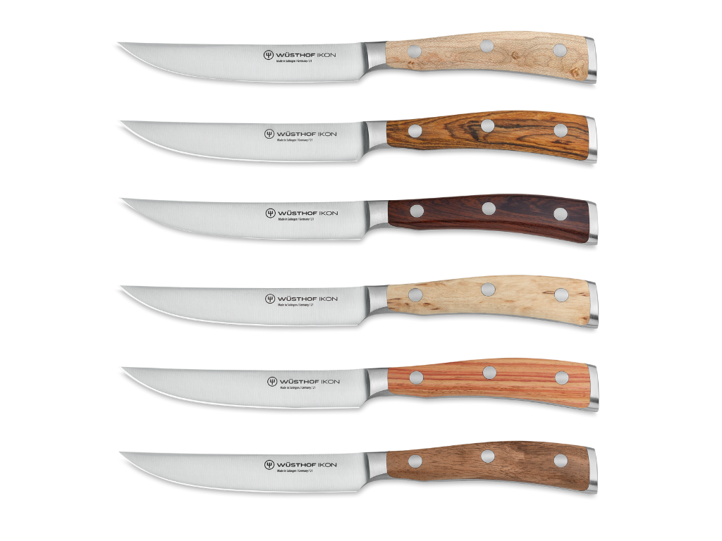 Wusthof Ikon 6-Piece Mixed Wood Steak Knife Set with Leather Knife Roll — Mixed Wood