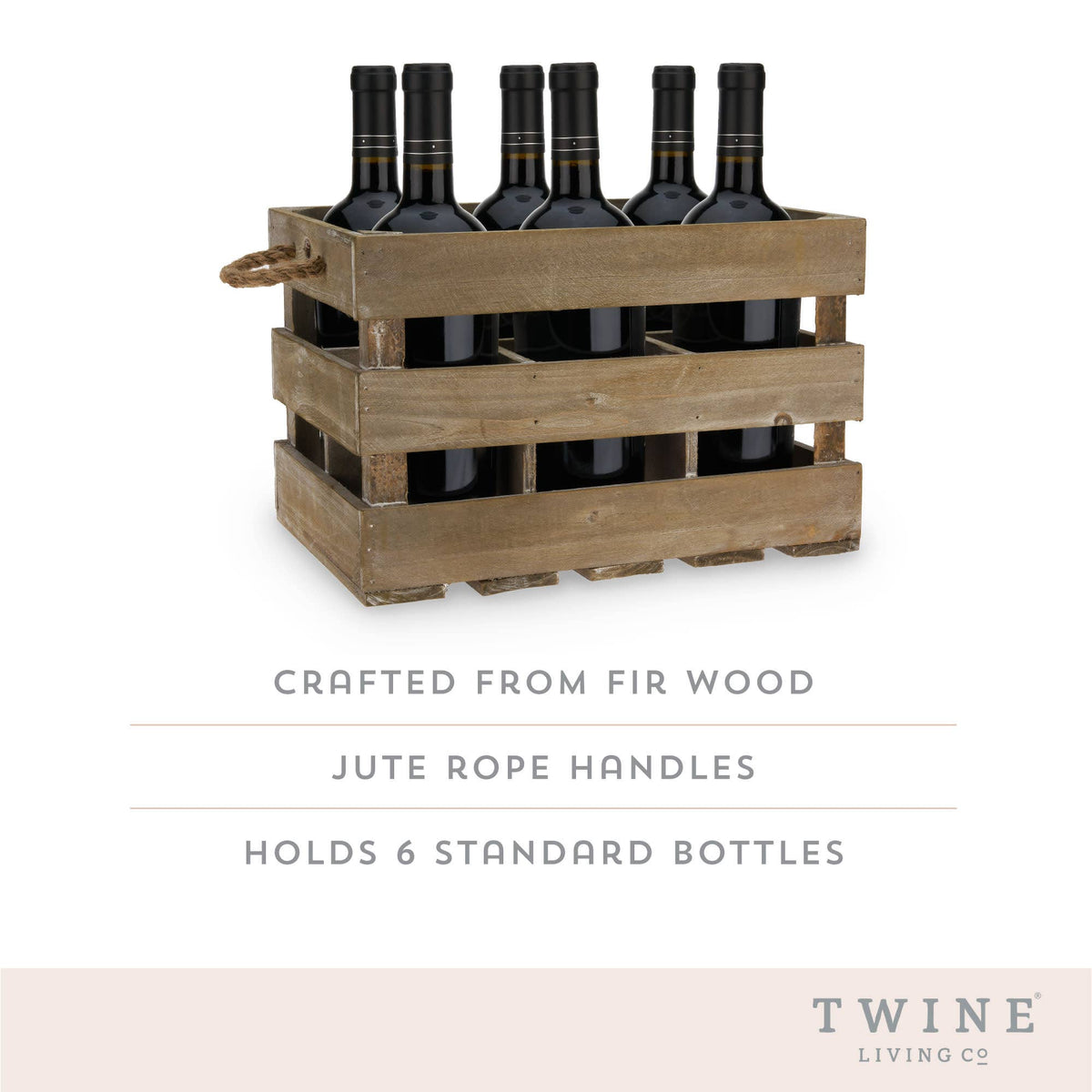 6 Bottle Rustic Fir Wood Wine Crate with Rope Handles