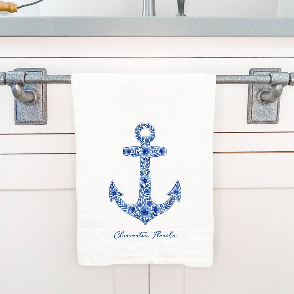 Watercolor Floral Navy Anchor - Custom Cotton Tea Towel