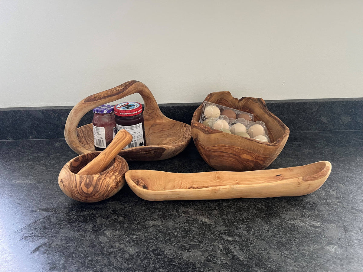 Oval Bowl w/Handle Olive Wood 9.5"L x 6.25”W