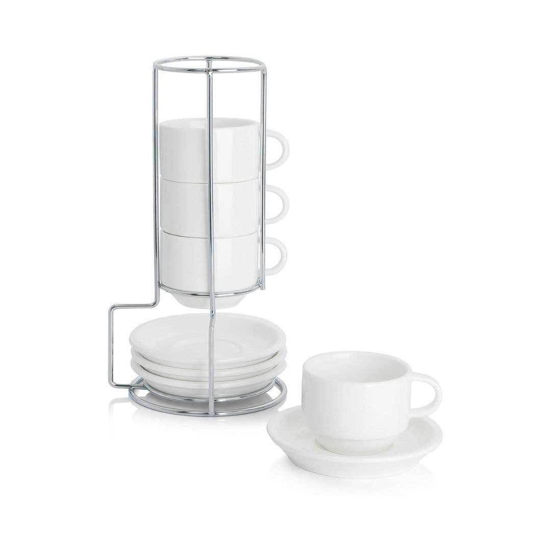 2.5 Ounce Porcelain Espresso Cups with Saucers and Stand