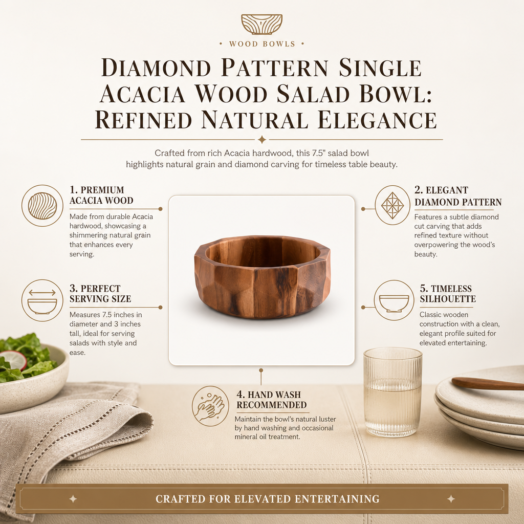 Diamond Pattern Single Acacia Wood Salad Bowl