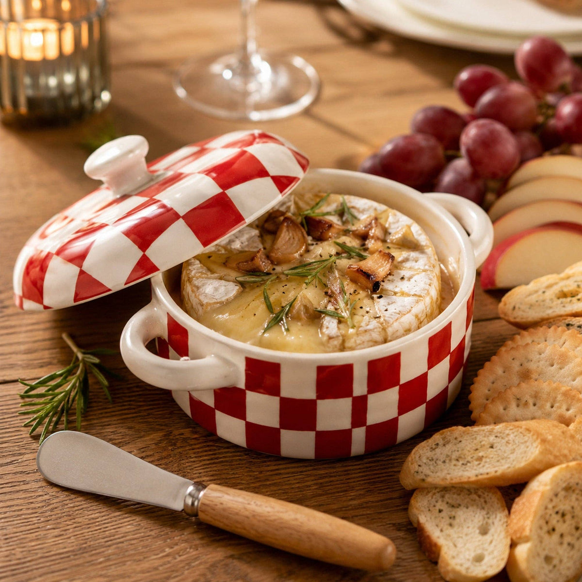 18oz Red-White Checkerboard Covered Brie Baker W-Spreader