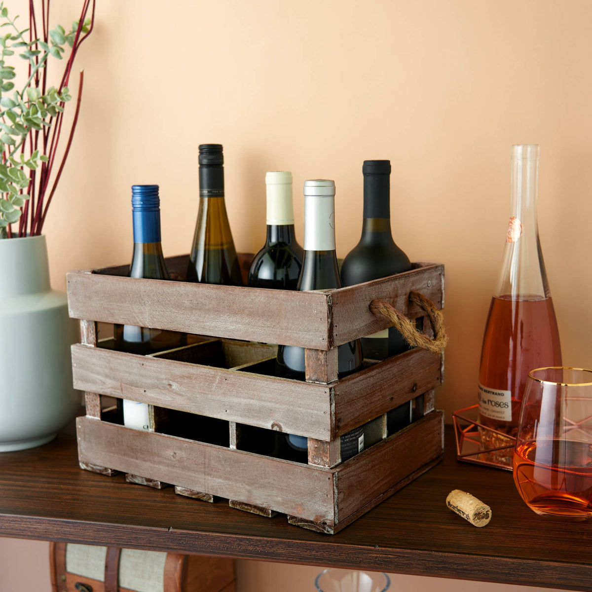 6 Bottle Rustic Fir Wood Wine Crate with Rope Handles