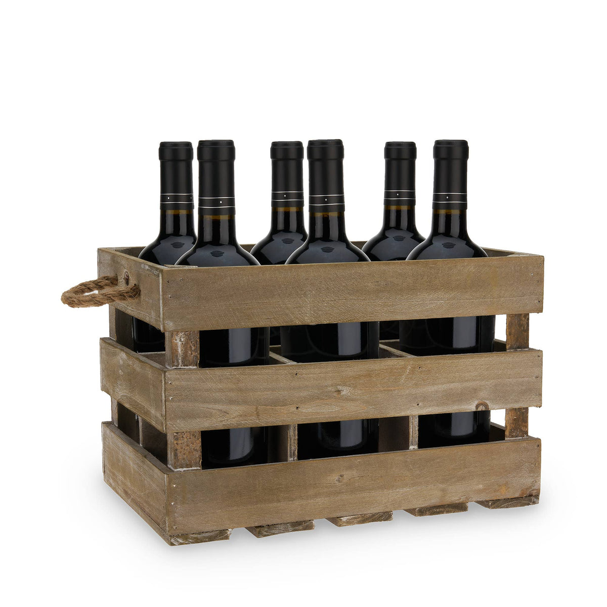 6 Bottle Rustic Fir Wood Wine Crate with Rope Handles