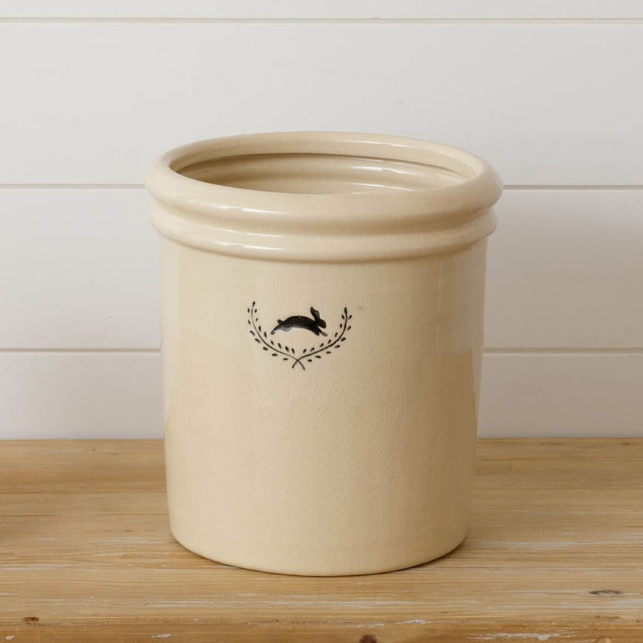 Audrey's large ceramic crock with rabbit motif