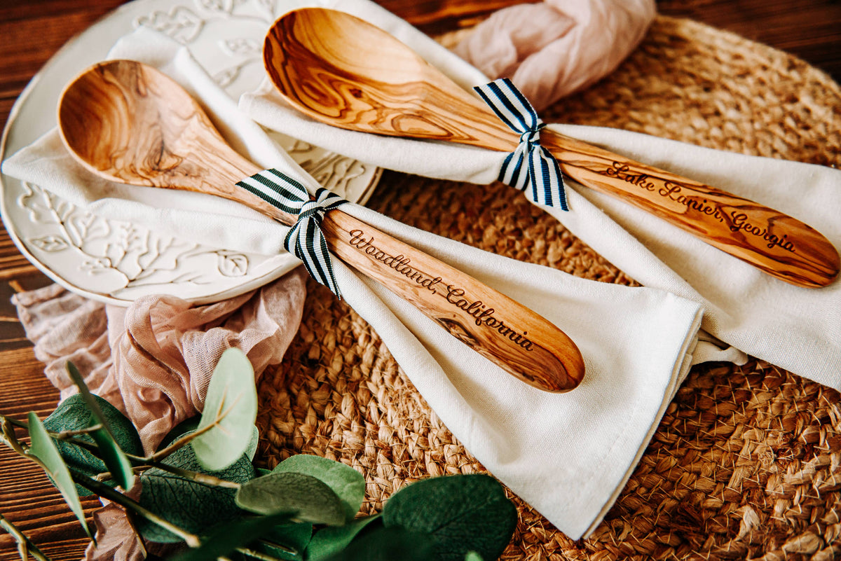 Custom City Name Olive Wood Serving Spoon & Towel Gift Set