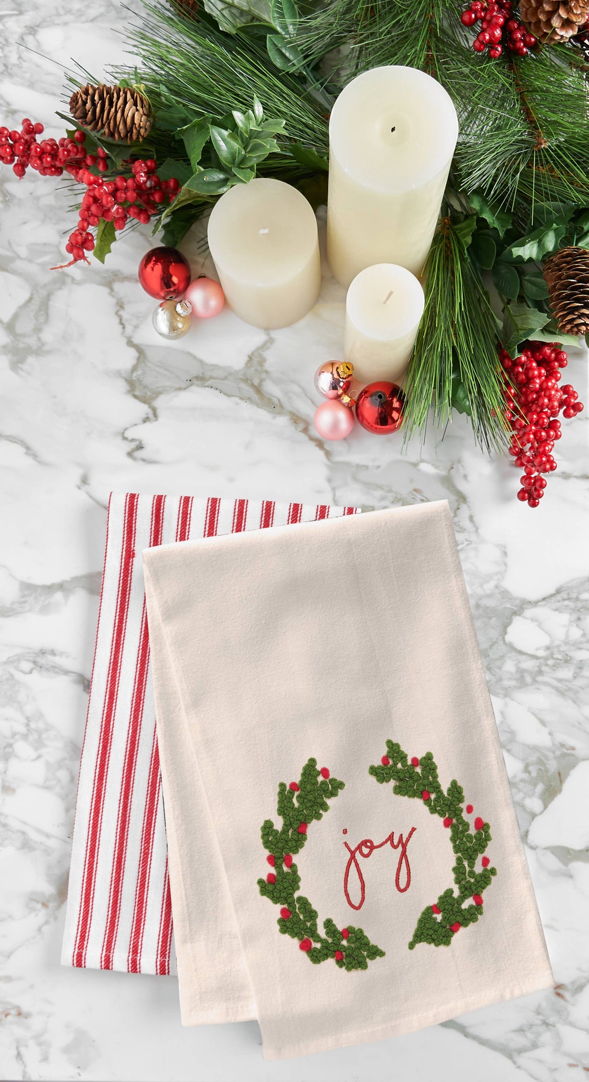 SALE Christmas Joy Wreath French Knot Kitchen Towel