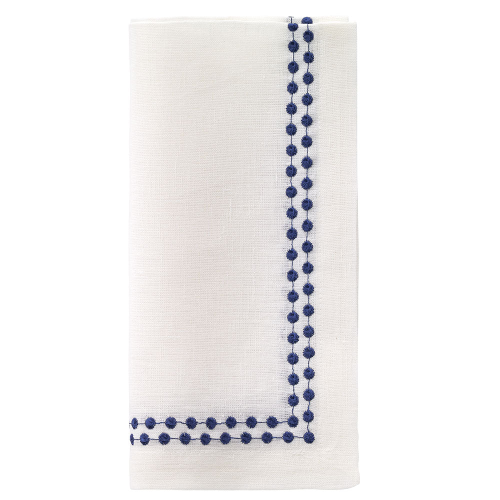Bodrum Pearl linen napkin with Navy embroidery